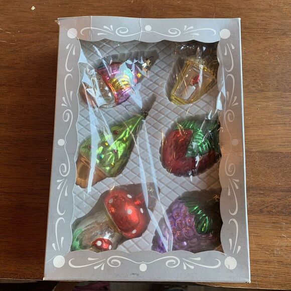 Vintage Kurt Adler Christmas Holiday Glass Ornaments Set 6 Mushroom Strawberry B - Picture 1 of 7